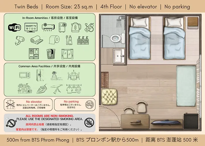 Shizuka House - 500 M Walk To Bts Phrom Phong Hotel *